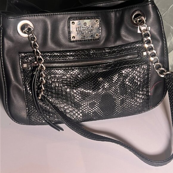 Nicole Miller Satchel Handbag‎ Purse W/chain Black Faux Snakeskin *GS9 - Picture 3 of 6